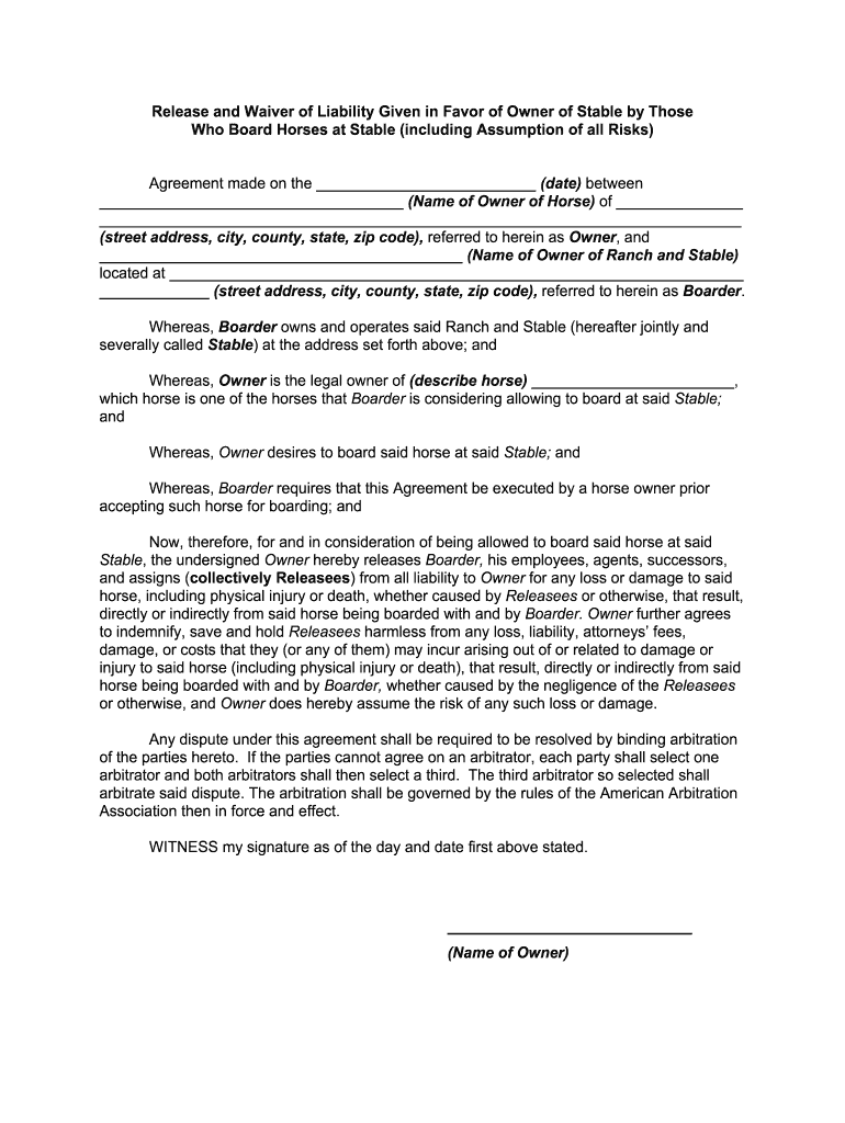 Waiver Horses Fill Online, Printable, Fillable, Blank pdfFiller