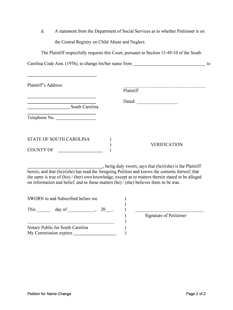 Fill, Edit and Print South Carolina Petition for Name Change and