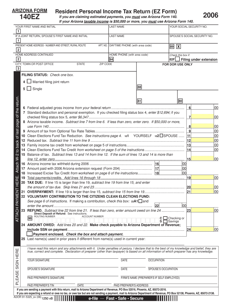 Fillable Online 2006 140EZ - Arizona Department of Revenue Fax Email