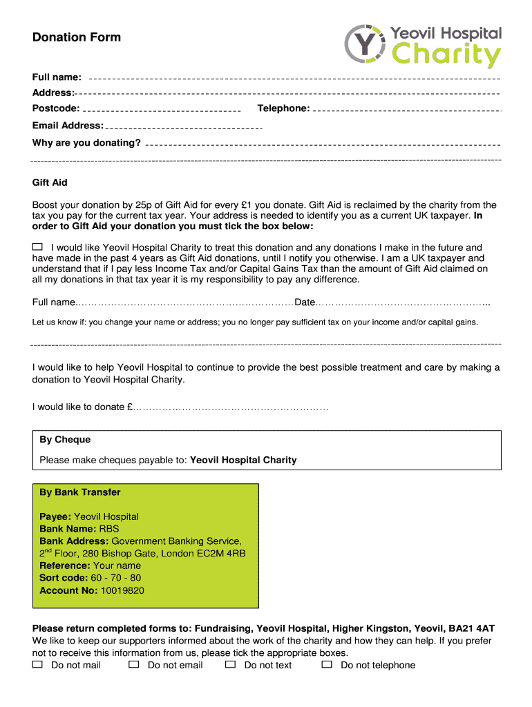 Fillable Online Donation Form Yeovil District Hospital Fax Email