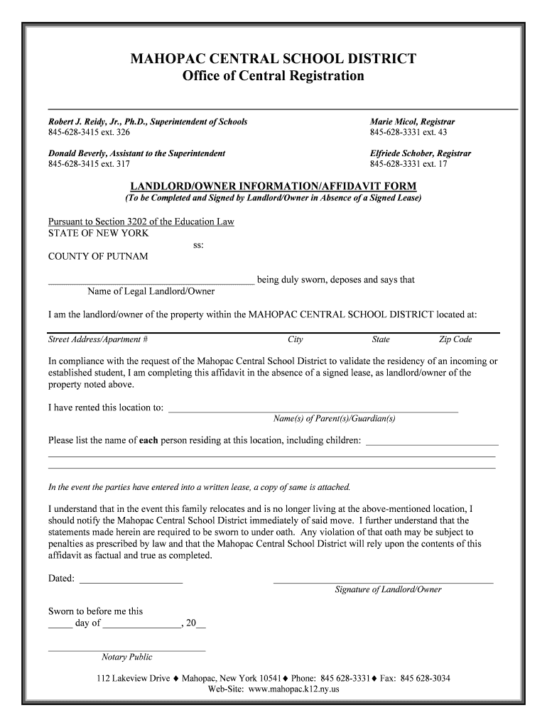 Fillable Online www1 mahopac k12 ny Landlord Affidavit Form2007.doc Fax
