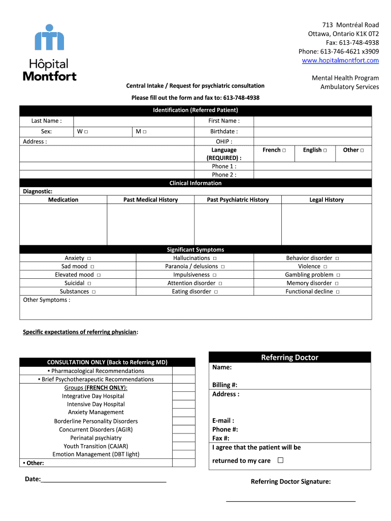 Fillable Online Outpatient Mental Health Clinic Hpital Montfort Fax
