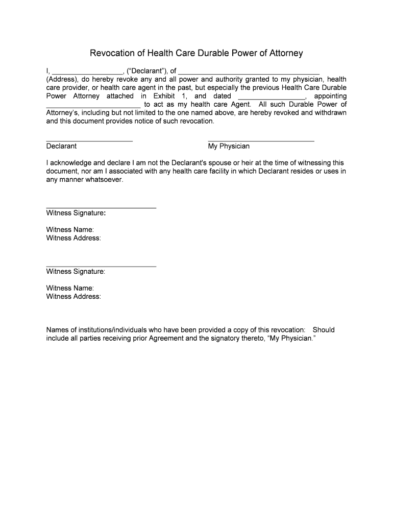 Revocation of Health Care Durable Power of Attorney Form Online
