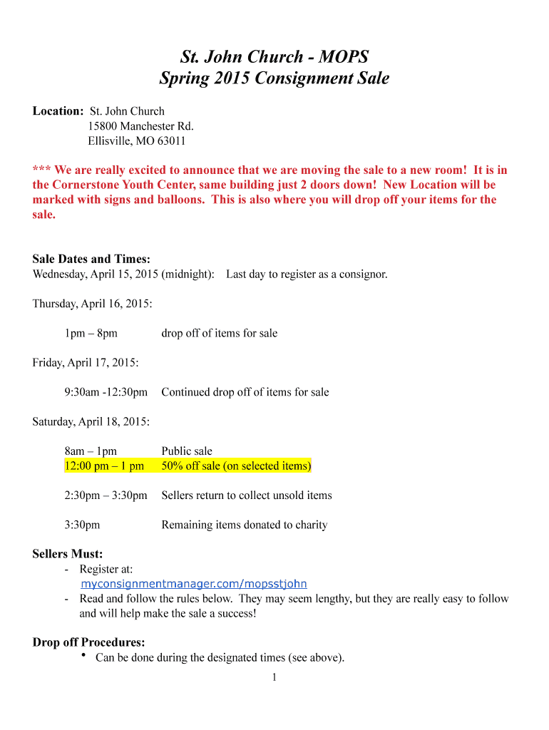 Fillable Online St. John Church MOPS Spring 2015 Consignment Sale Fax