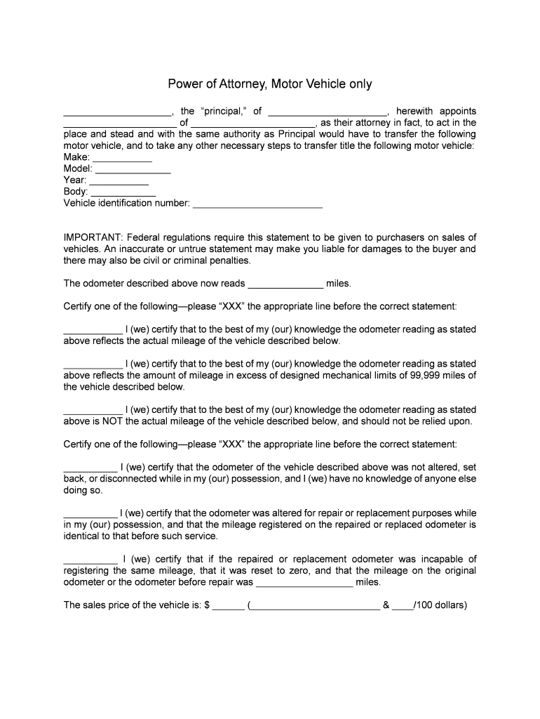 Fill, Edit and Print Power of Attorney, Motor Vehicle only Form Online