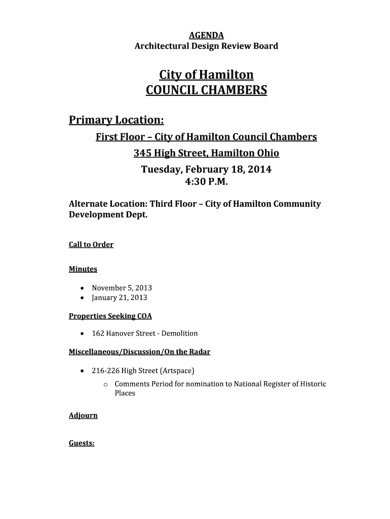 Fillable Online First Floor City of Hamilton Council Chambers Fax Email