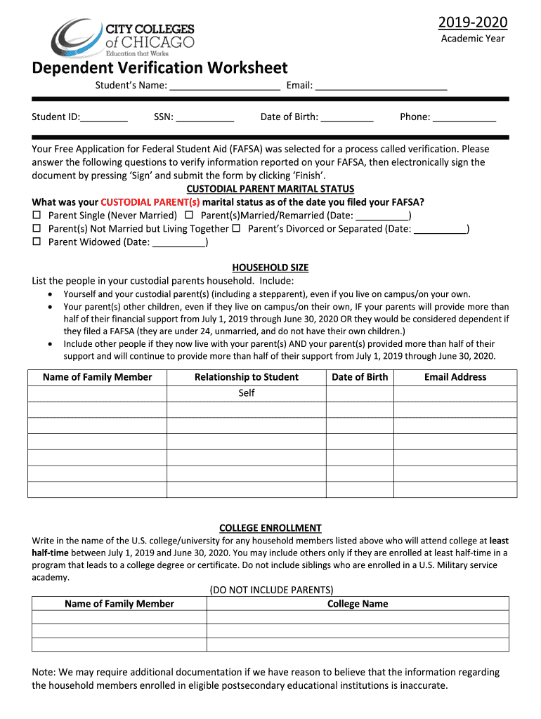 Fillable Online Dependent Verification Worksheet City Colleges of Chicago Fax Email Print