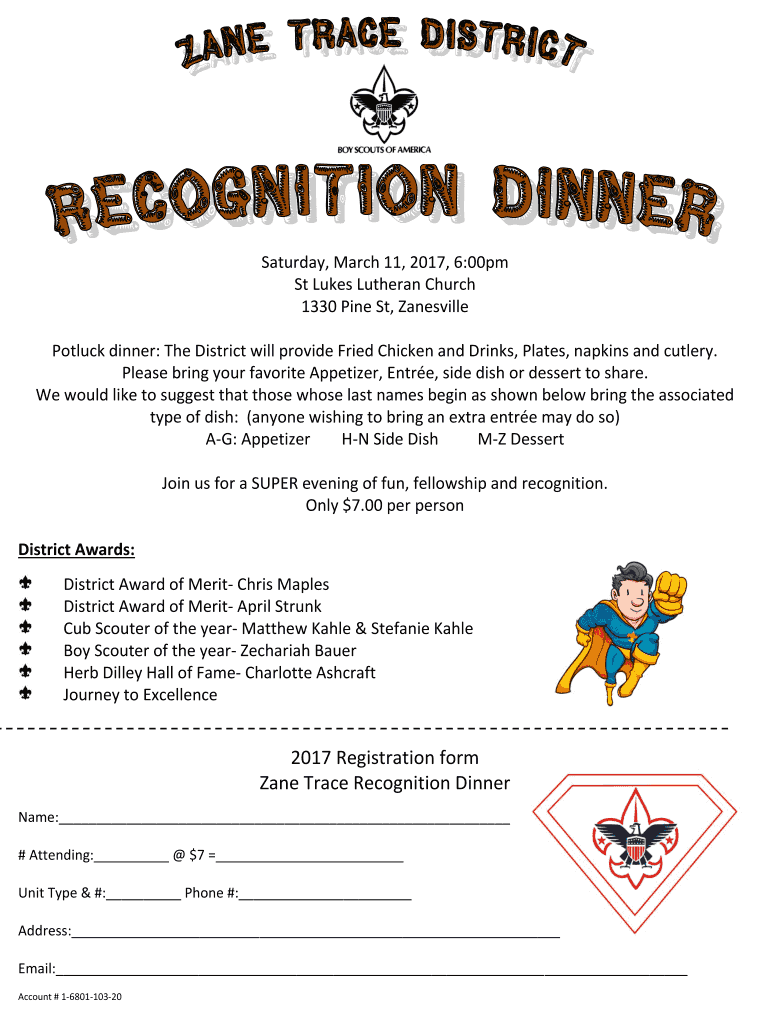 Fillable Online 2017 Registration form Zane Trace Recognition Dinner
