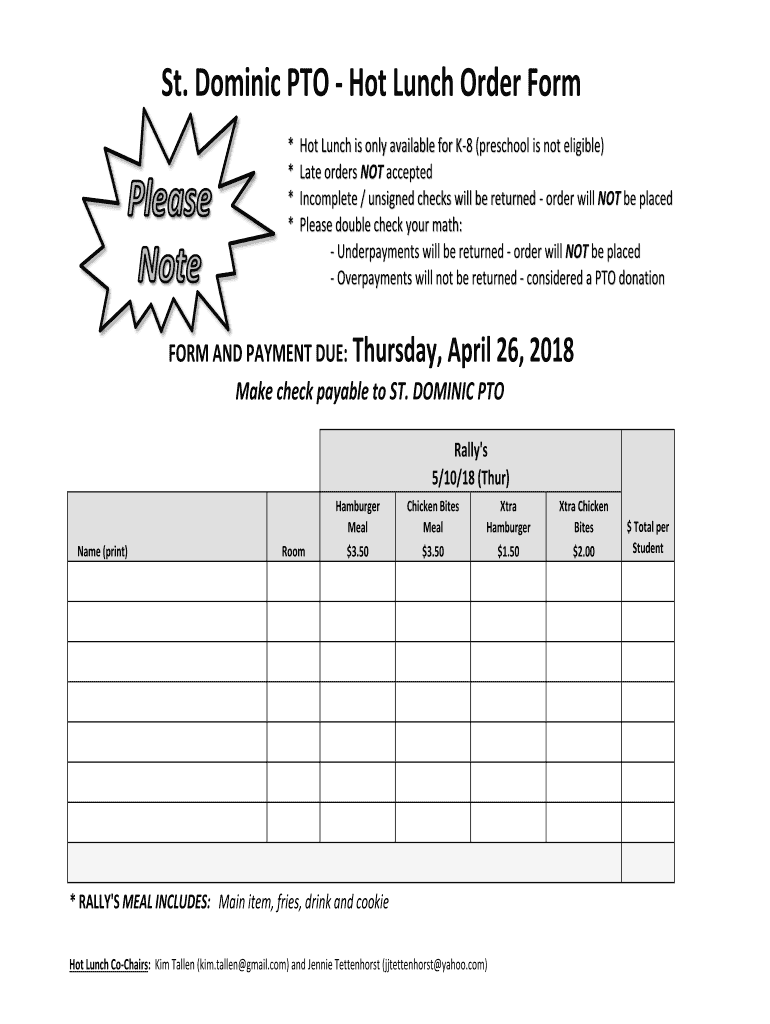 Fillable Online St. Dominic PTO Hot Lunch Order Form Fax Email Print