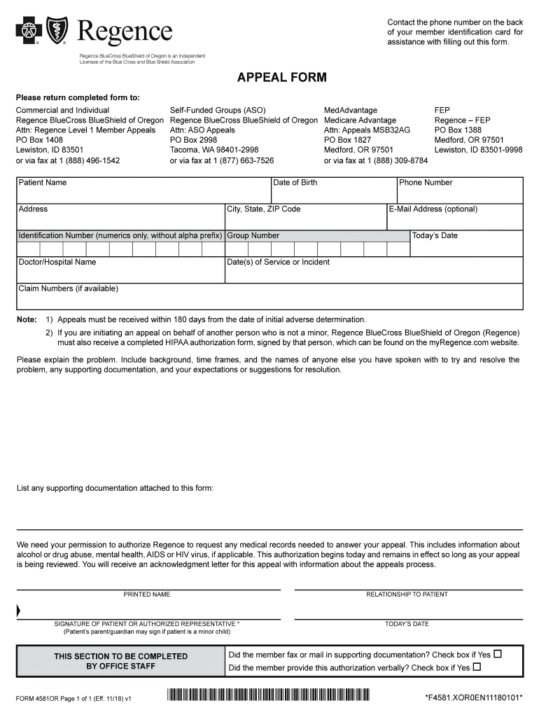 Fillable Online 2019 Regence BlueCross BlueShield of Oregon Appeal Form