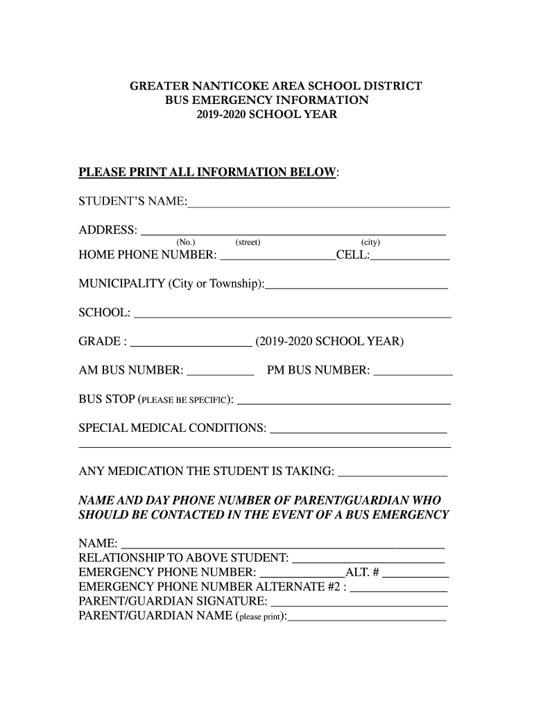 Fillable Online GNA Bus Emergency Info Greater Nanticoke Area School