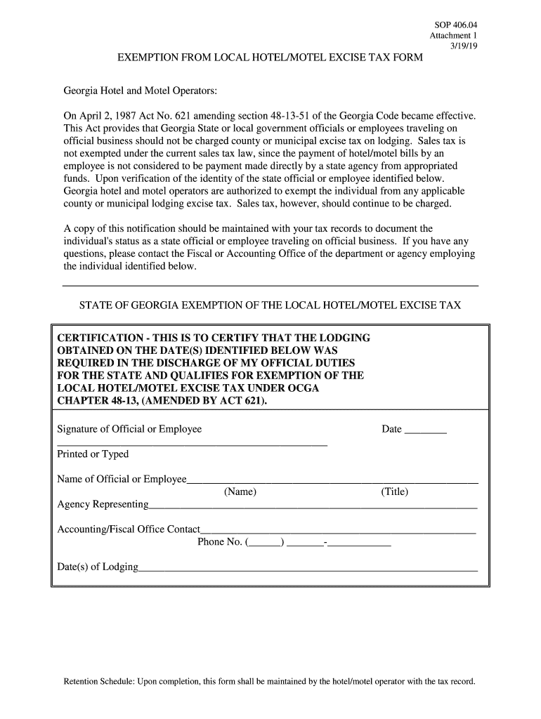 Fillable Online EXEMPTION FROM LOCAL HOTEL/MOTEL EXCISE TAX FORM