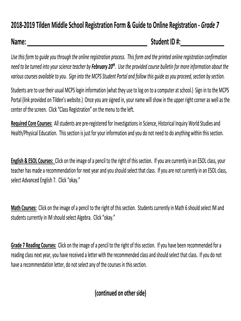 Fillable Online 20182019 Tilden Middle School Registration Form
