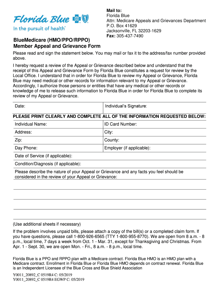 Florida Blue Medicare Appeal and Grievance Form Blank Fillable(08)