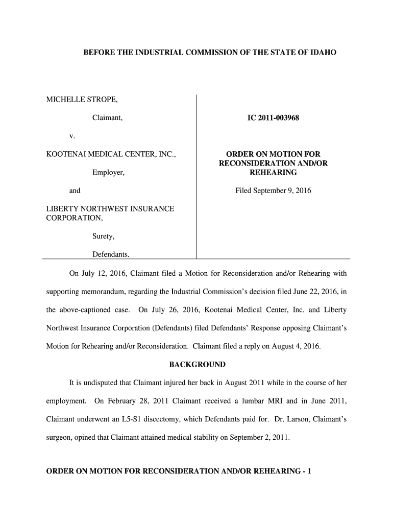 Fillable Online iic idaho order on motion for reconsideration and/or