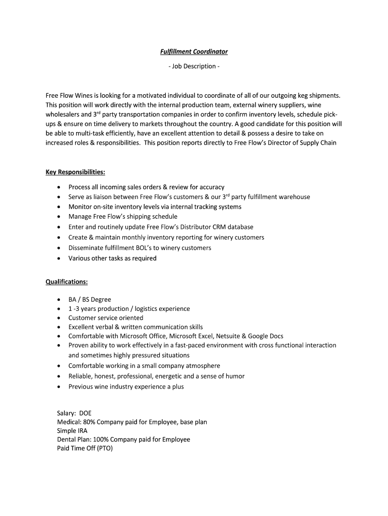 Fillable Online Fulfillment Coordinator Job Description Free Flow