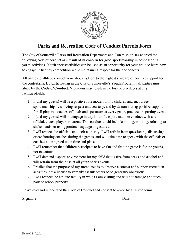 Fillable Online Parks and Recreation Code of Conduct Parents Form Fax Email Print pdfFiller
