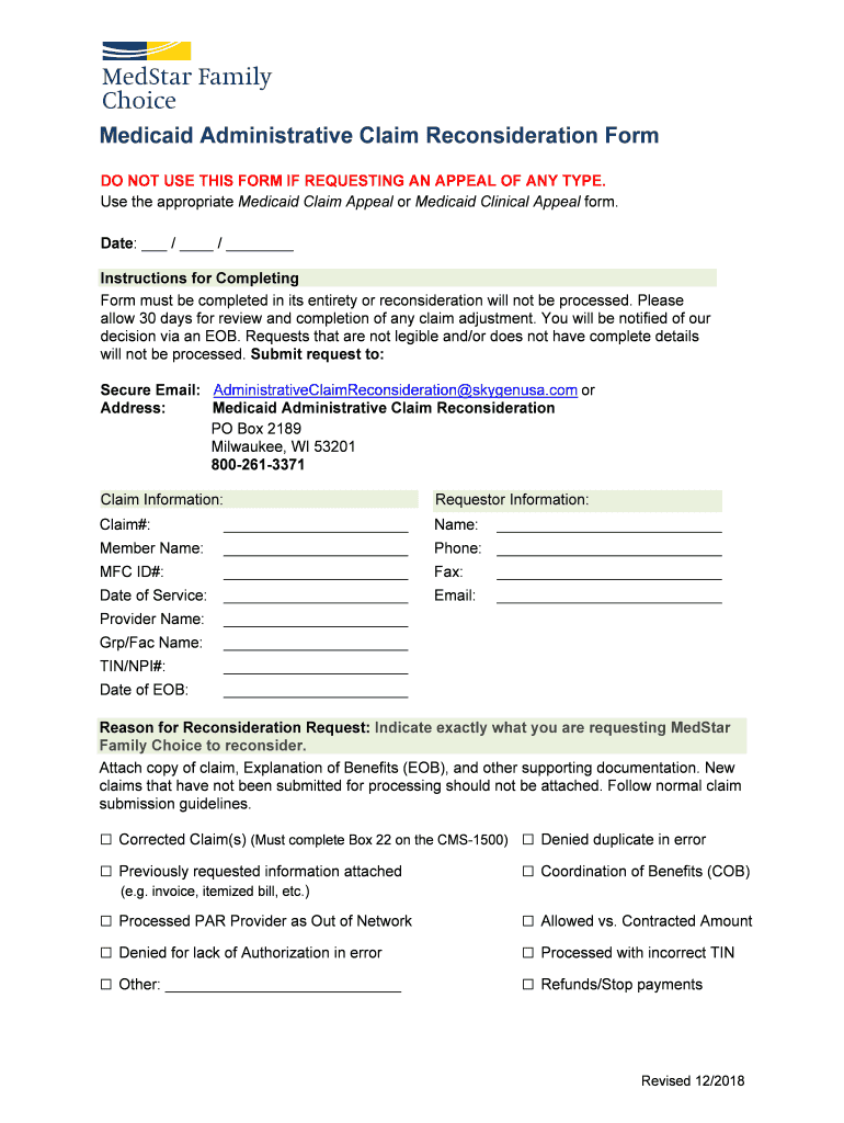 Fillable Online Medicaid Administrative Reconsideration Request form