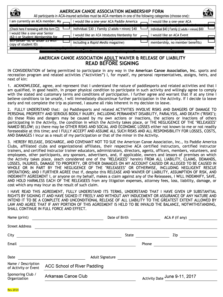 Fillable Online AMERICAN CANOE ASSOCIATION ADULT WAIVER & RELEASE OF