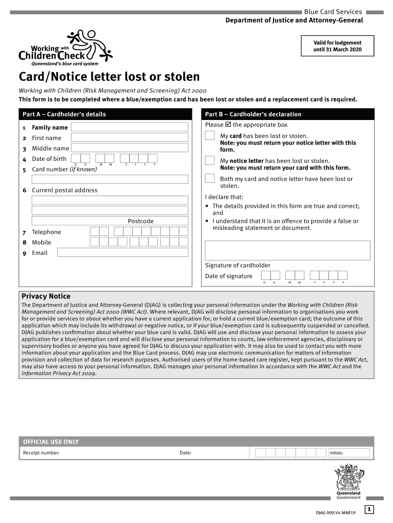 20192021 Form AU Blue Card Services Card/Notice Letter Lost or Stolen