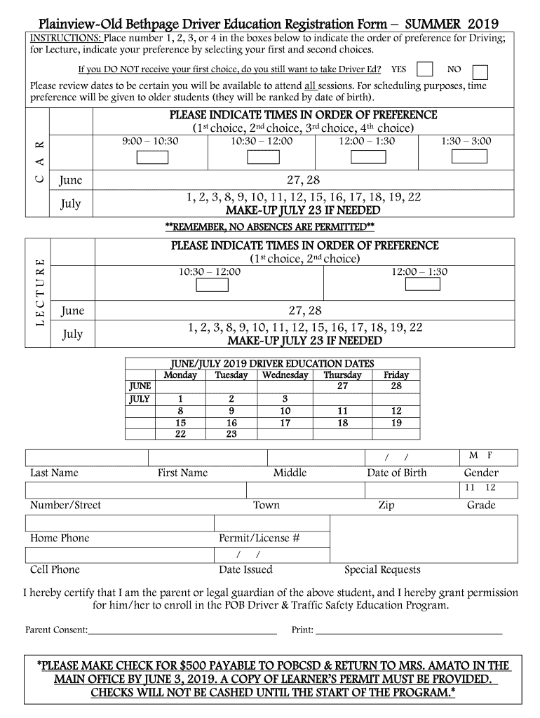 Fillable Online PlainviewOld Bethpage Driver Education Registration