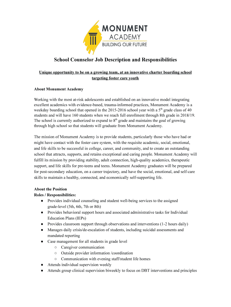 Fillable Online School Counselor Job Description Sample Template