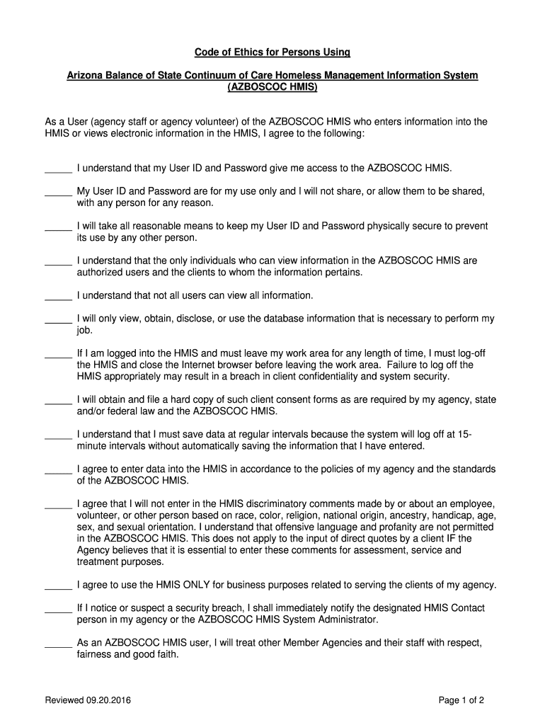 Fillable Online Code of Ethics for Persons Using Arizona Balance of