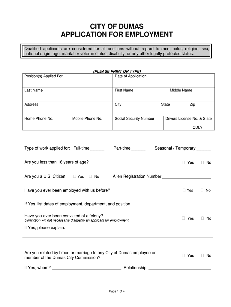 Fillable Online Application For Employment Dumas Police Department