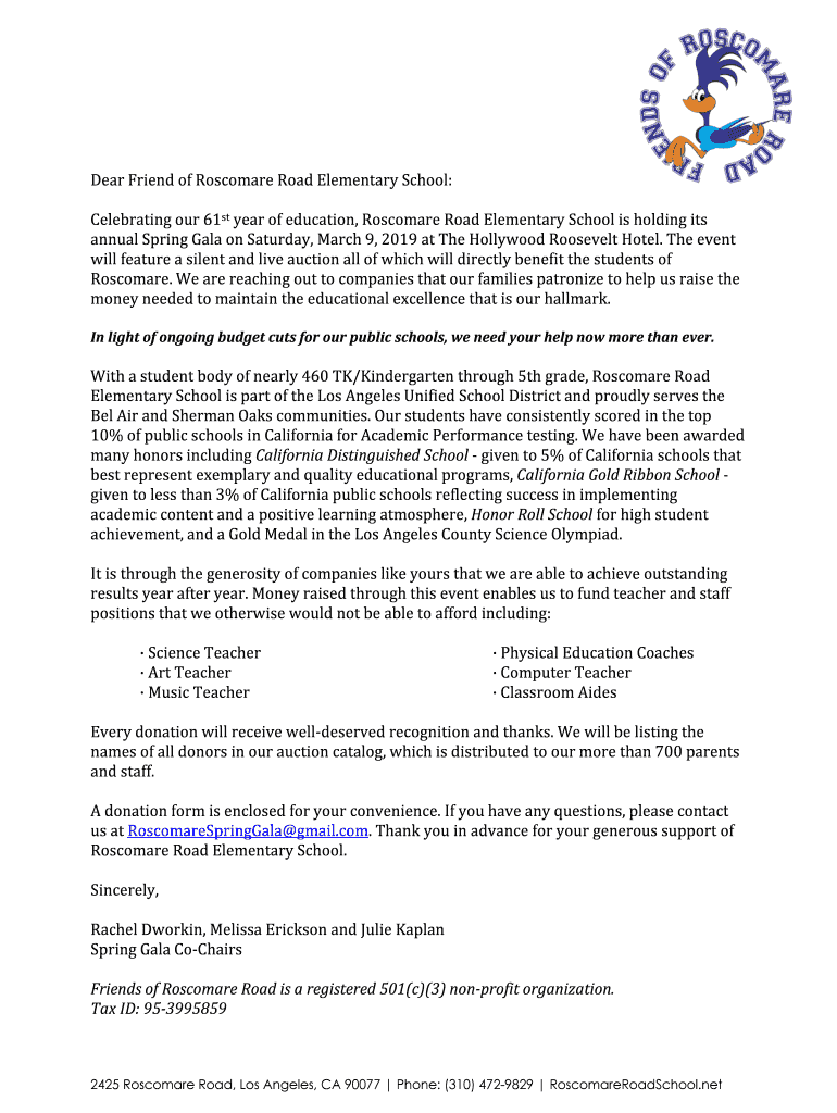 Fillable Online Dear Friend of Road Elementary School Fax