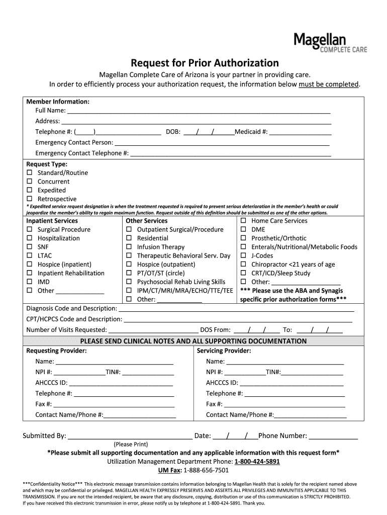 Fillable Online Magellan Complete Care of Arizona 2018 Provider Manual
