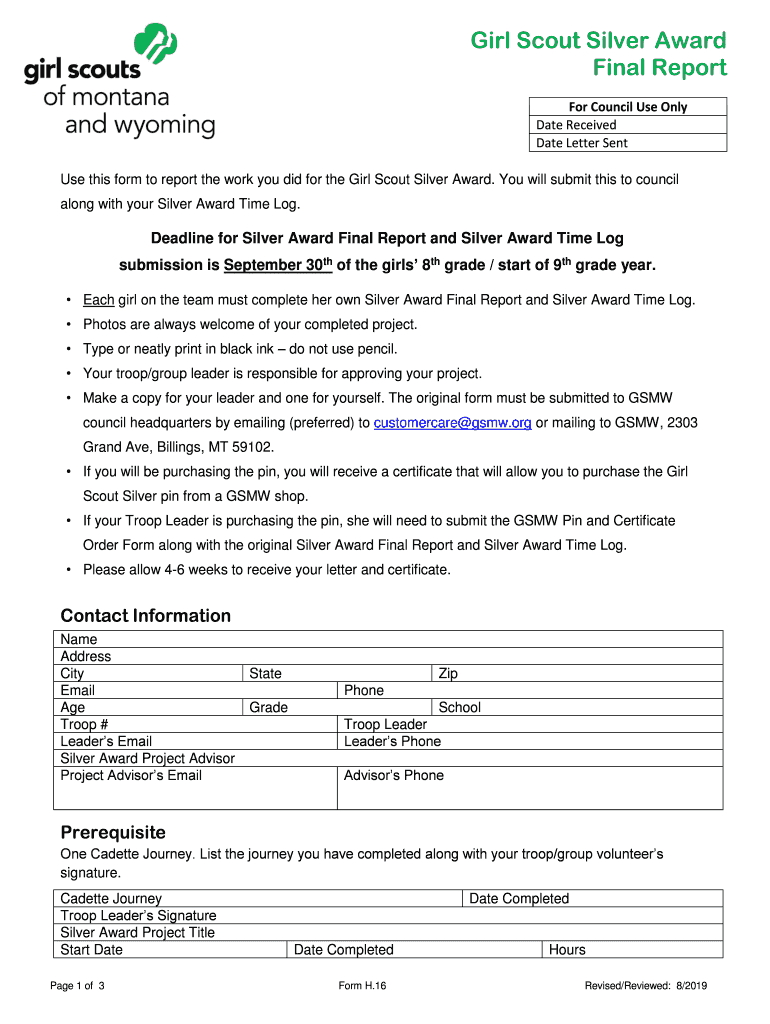 Fillable Online Girl Scout Silver Award Project Intent Form Page 1 of 6