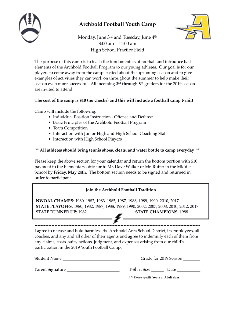 Fillable Online net archbold k12 oh Archbold Football Youth Camp Fax