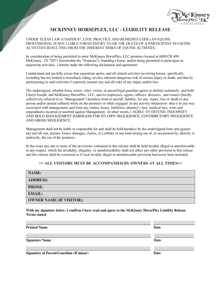 Equine Activity Release And Hold Harmless Agreement Crystal