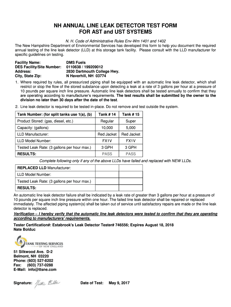Fillable Online NH ANNUAL LINE LEAK DETECTOR TEST FORM Fax Email Print