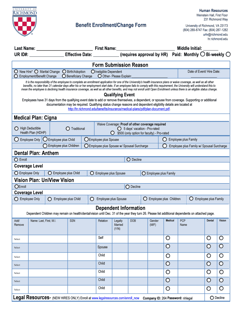 Fillable Online hr richmond Benefits Change Form Design Change Fax
