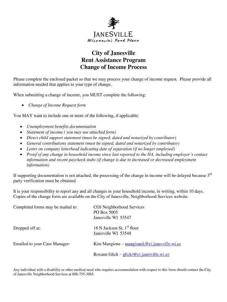Fillable Online City of Janesville Rent Assistance Program Change of