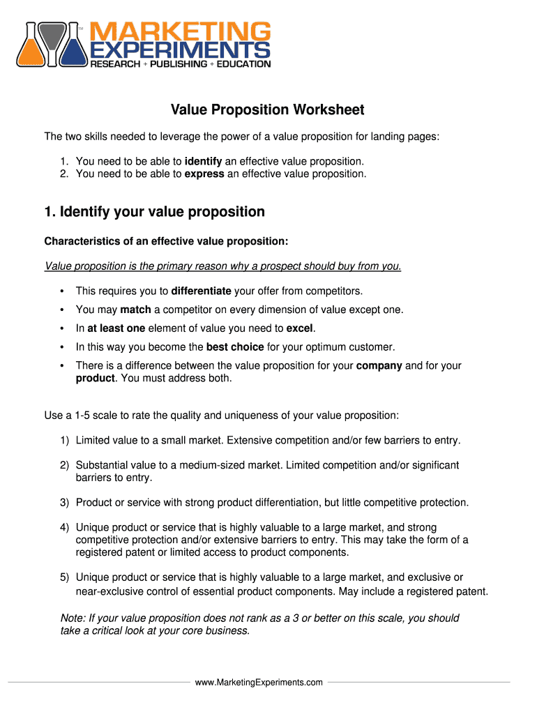 Fillable Online Value Proposition Worksheet MarketingExperiments Fax