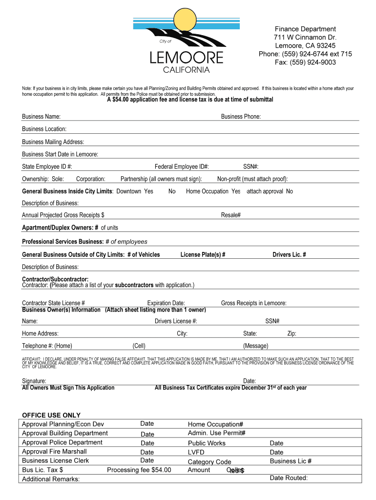 Fillable Online Business License Form City of Lemoore Fax Email Print