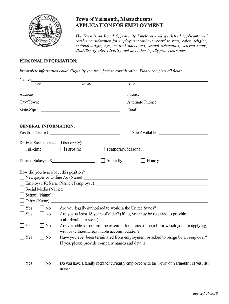 Fillable Online Town of Yarmouth, Massachusetts APPLICATION FOR Fax Email Print pdfFiller