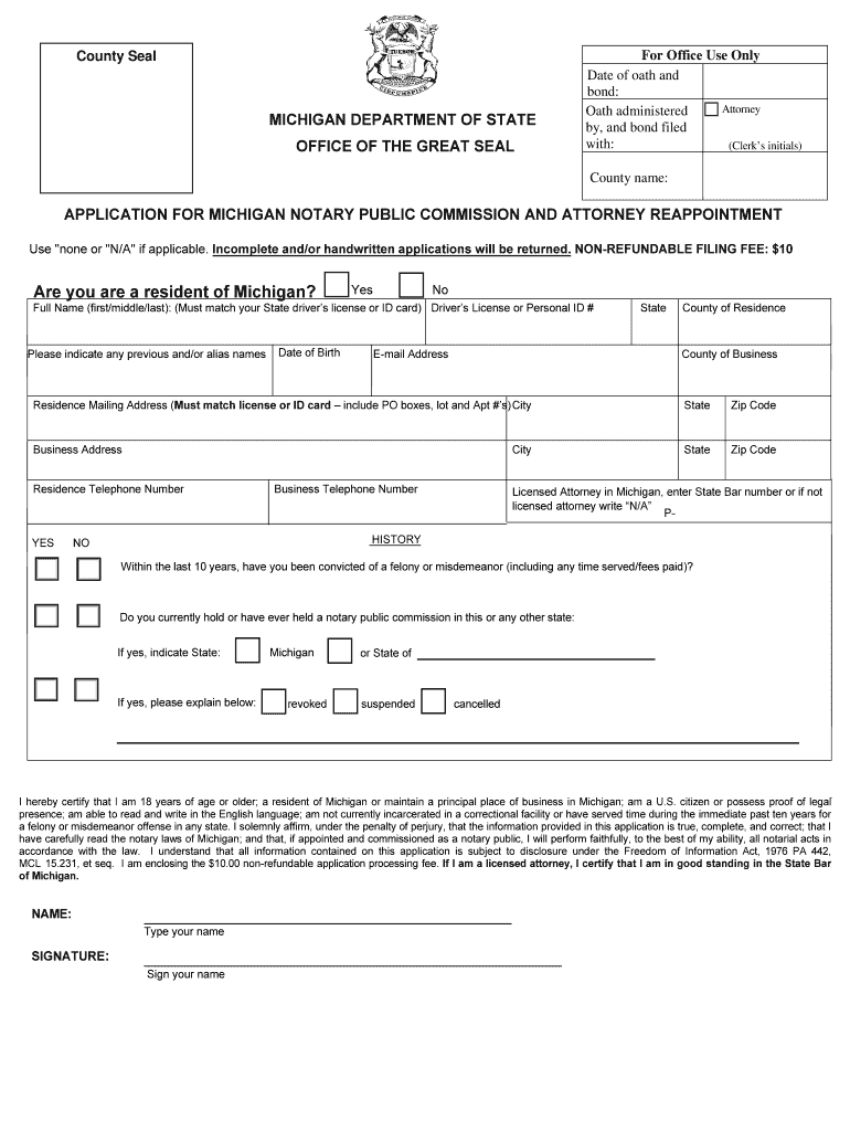 Fillable Online Application for Michigan Notary Public Commission and