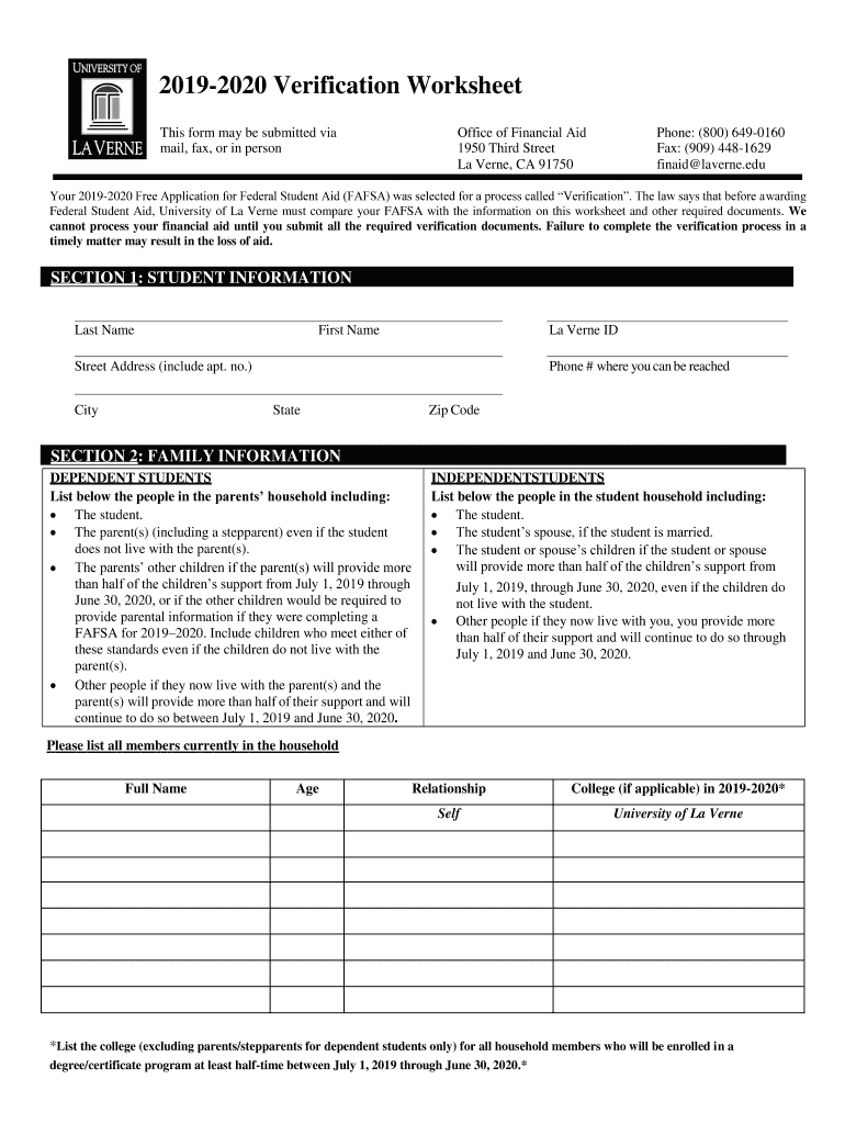University Of La Verne Verification Worksheet 2020 Fill