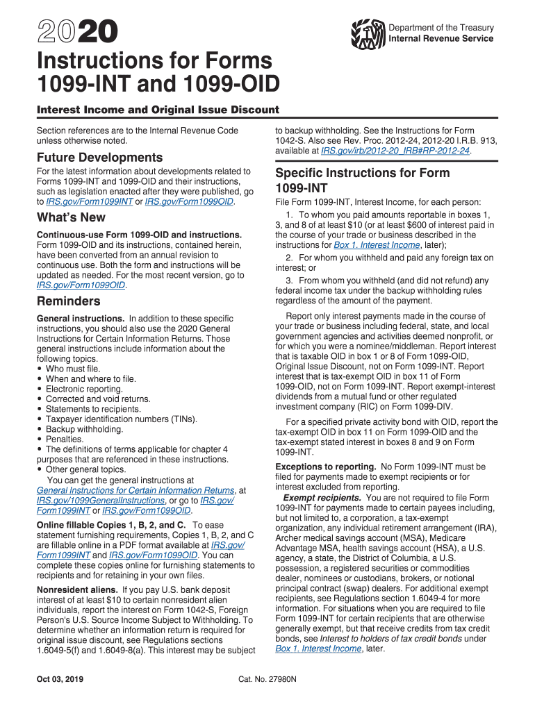IRS Instruction 1099INT & 1099OID 20202021 Fill out Tax Template