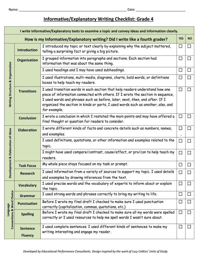 Fillable Online Informative/Explanatory Writing Checklist Grade 4 Fax