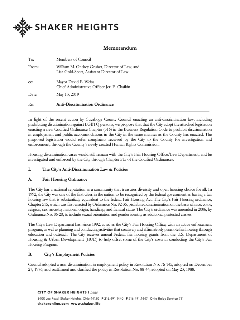 Fillable Online AntiDiscrimination Ordinance City of Shaker Heights