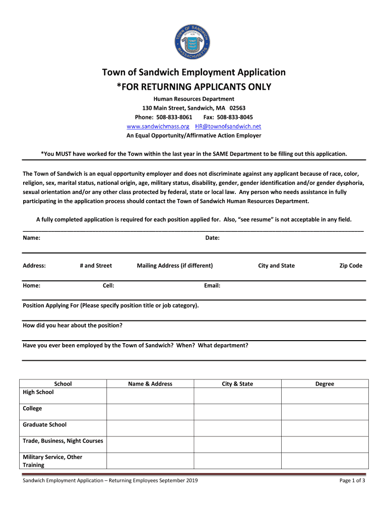 Fillable Online Town of Sandwich Employment Application *FOR Fax Email Print pdfFiller