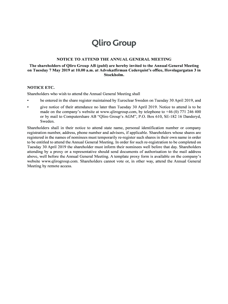 Fillable Online Qliro Group Notice to attend the AGM 2019 (Final) Fax