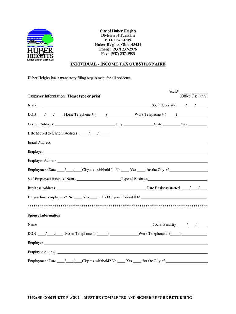 Fillable Online HUBER HEIGHTS TAX QUESTIONNAIRE Fax Email Print