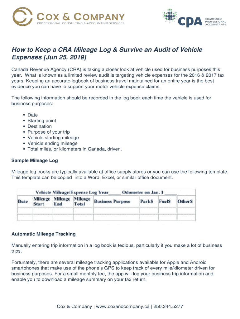 Fillable Online CRA Mileage Log Claim Motor Vehicle Expenses On Taxes