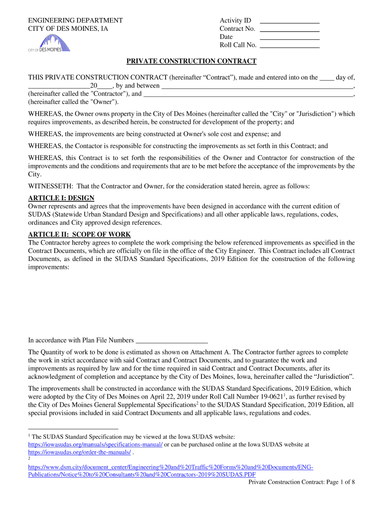 Fillable Online Private Construction Contract Fillable City of Des