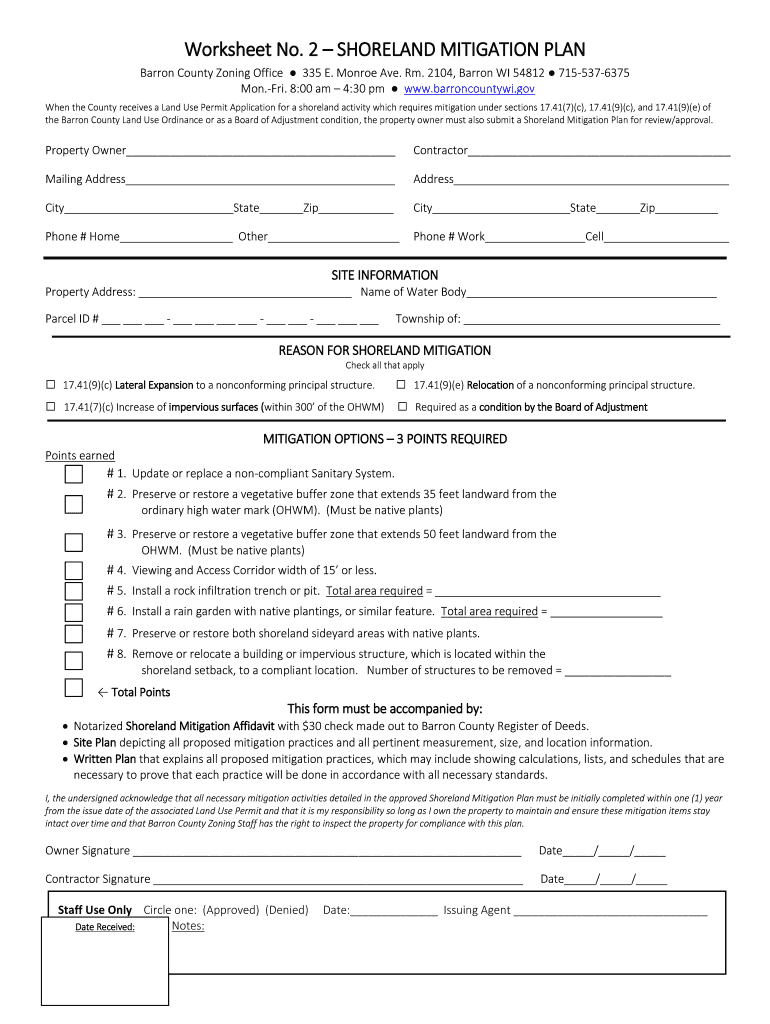 Fillable Online Worksheet No. 2SHORELAND MITIGATION PLAN Barron